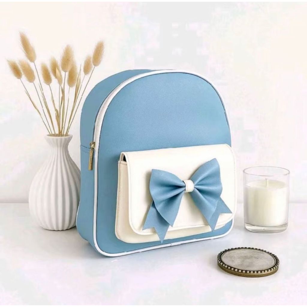 Tas Ransel Wanita Tas Sekolah Canvas Polos Pita Cantik Ruang Besar Korean Style Hitam Biru Ungu Ping