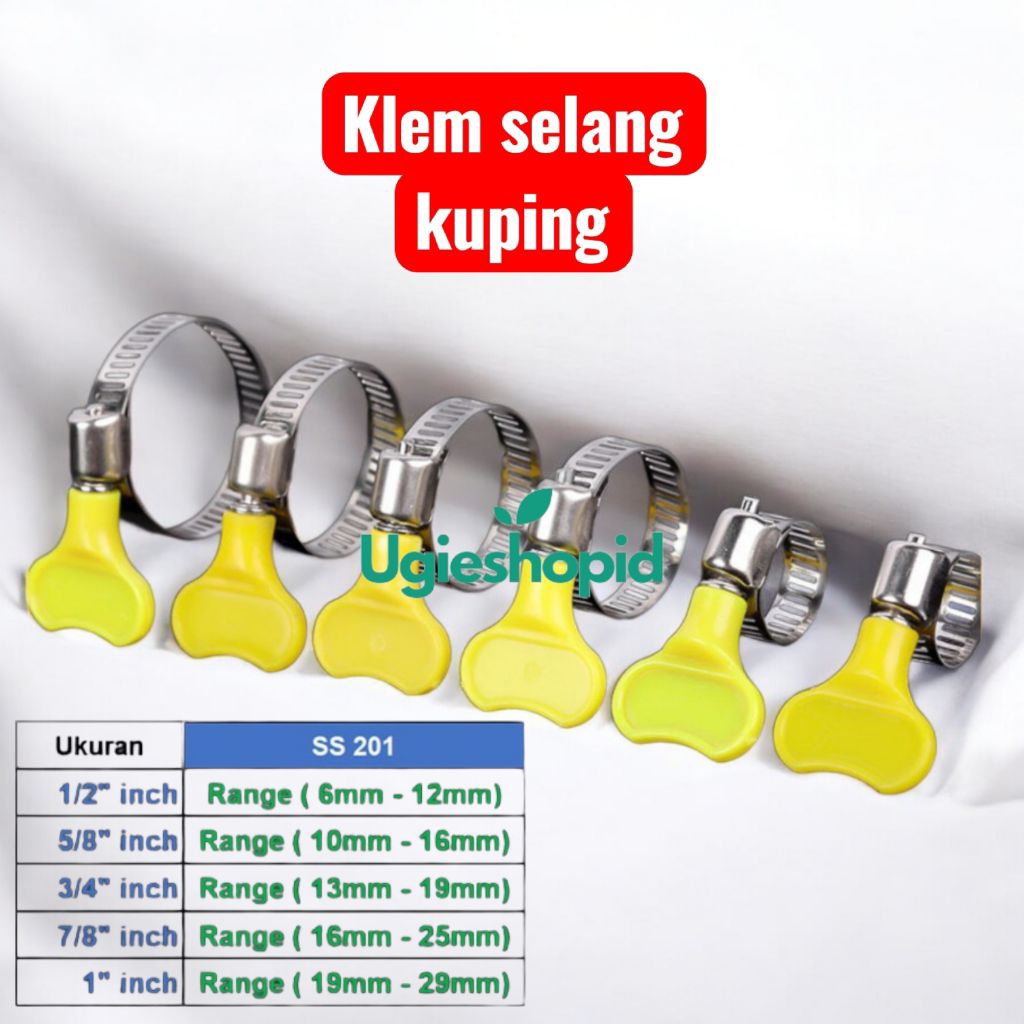 Klem selang kompresor regulator kuping kuning bahan Stainless steel / Klem selang kuping kuning