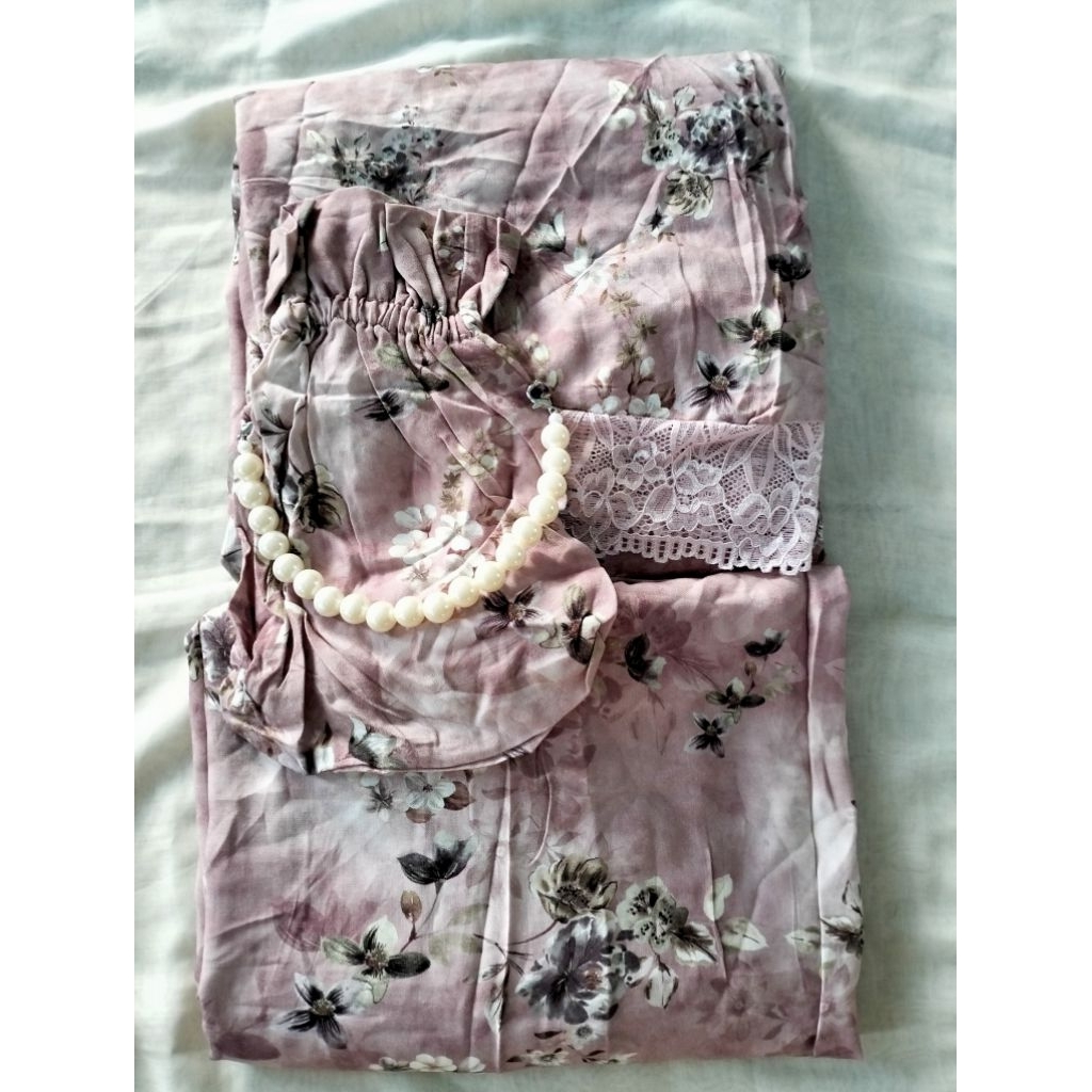 Mukenah Muslim Cantik Mewah Rayon Viscose Renda Dewasa Jumbo Dusty Pink