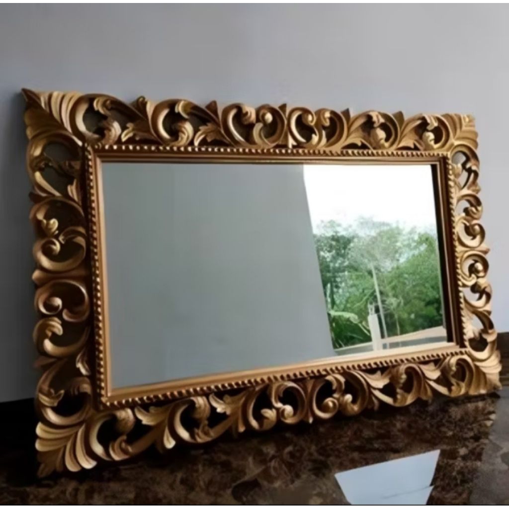 PIGURA  KACA CERMIN BEVEL MEWAH UKIRAN KLASIK  JEPARA  kayu jati ( 120*80)