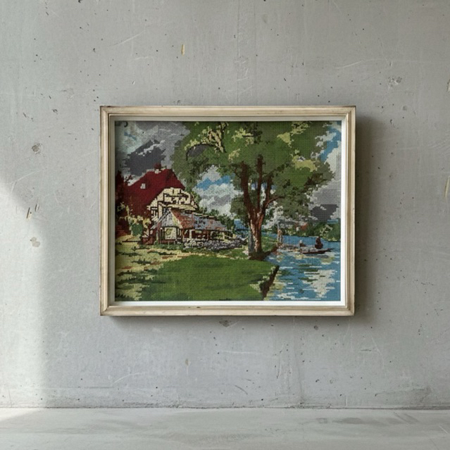 Lukisan Kristik Vintage 1970s – European Cottage Landscape (77×62 cm)