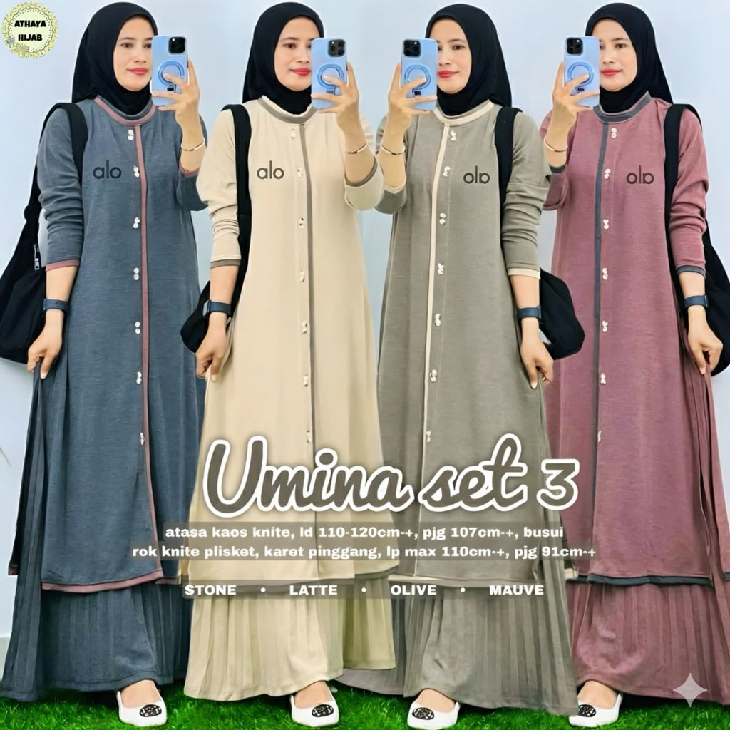 Umina Set 3 Setelan long Tunik + Rok Plisket Premium Realpict