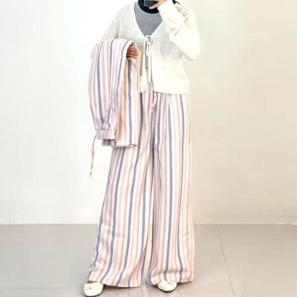 Mzy-Everyday pants Celana Panjang Wanita Highwaist - Pinggang Karet Saku Praktis Pola stripe