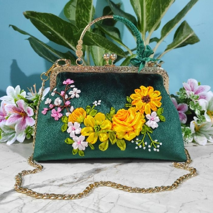 Tas Selempang Wanita Handmade Sulam Pita Bunga Premium Sling Bag Pesta Mewah Unik - Forest Bright