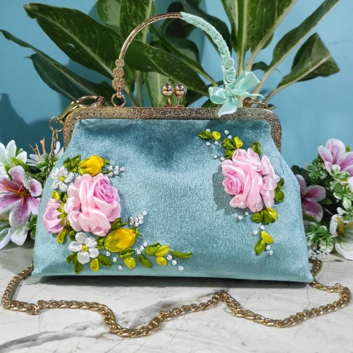 Tas Selempang Wanita Handmade Sulam Pita Bunga Premium Sling Bag Pesta Mewah Unik - Teal