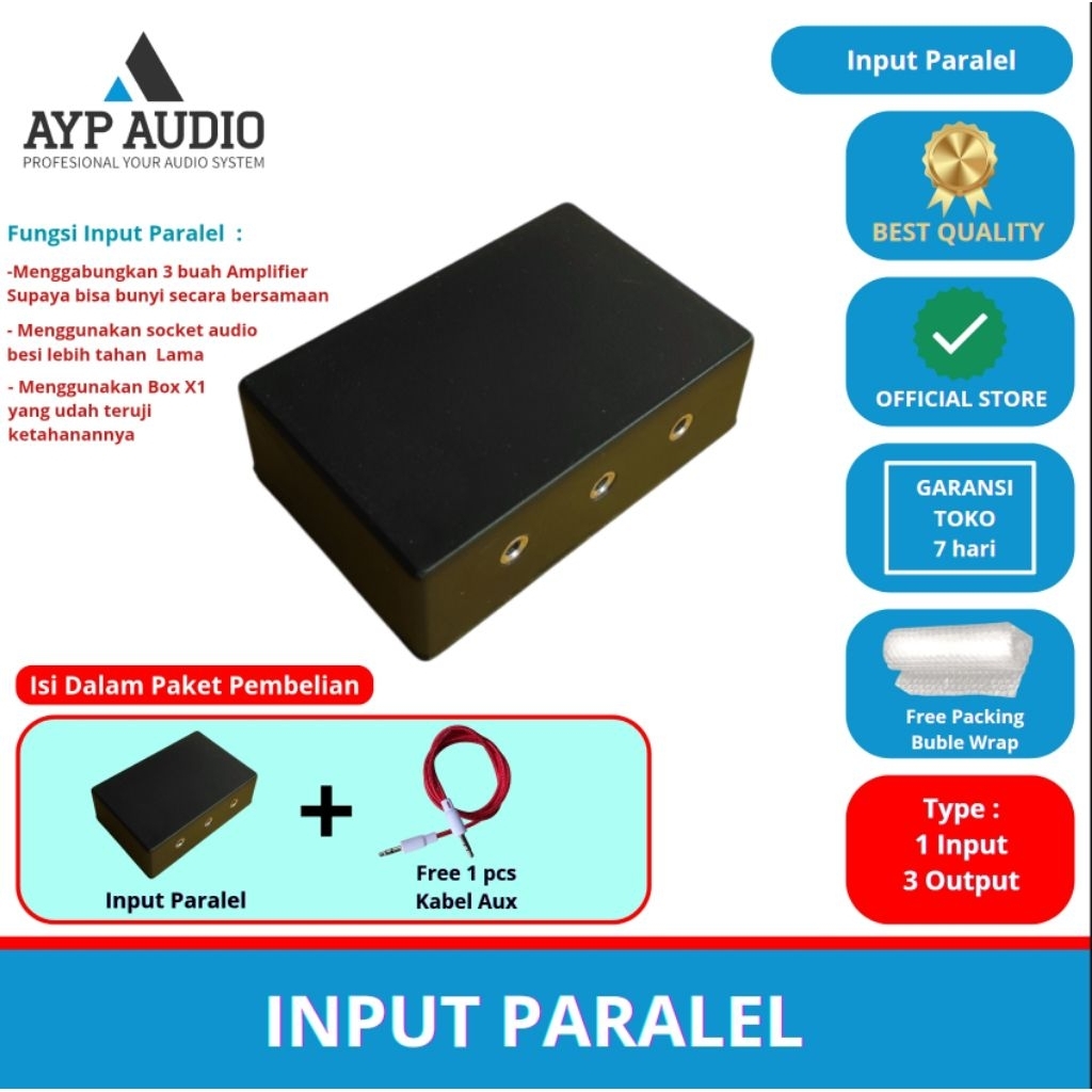 input paralel (1 input 3 output ), free kabel aux 1 pcs tancap ke Handphone