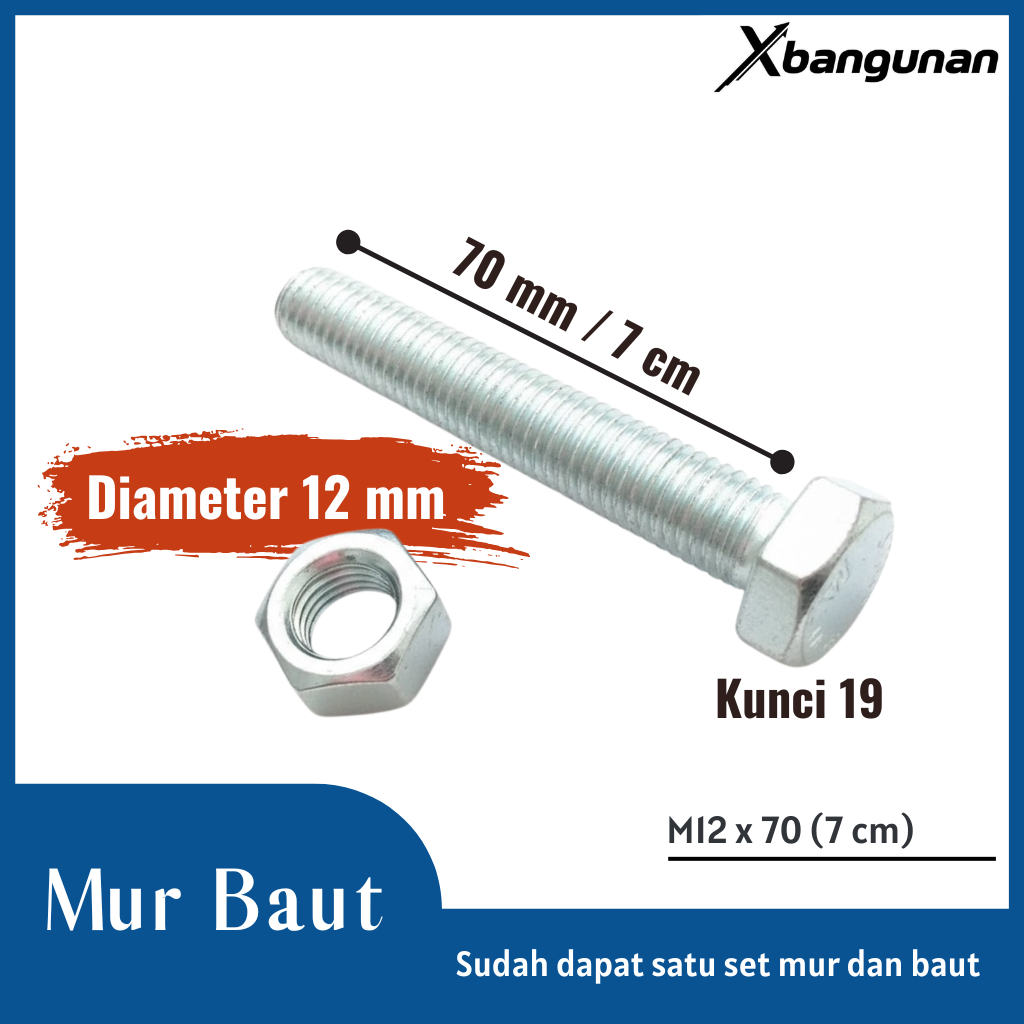 Mur Baut M12 x70 Kunci 19 Panjang 7 cm
