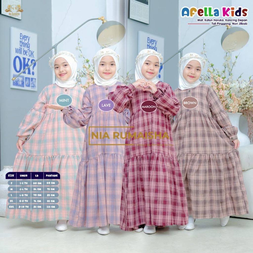 Afella Kids Size S - XXL Gamis Anak Katun Haruka Kotak-Kotak Viral Dress Muslim Anak Perempuan Mewah