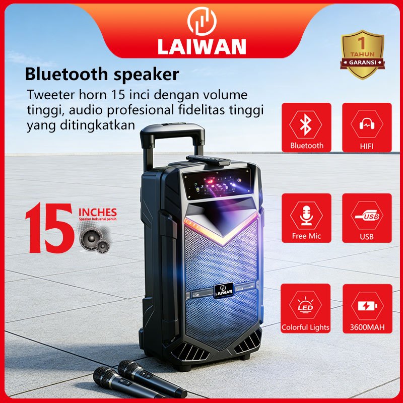 LAIWAN Speaker 15 inch Bluetooth karaoke portable+2xmic Wireless