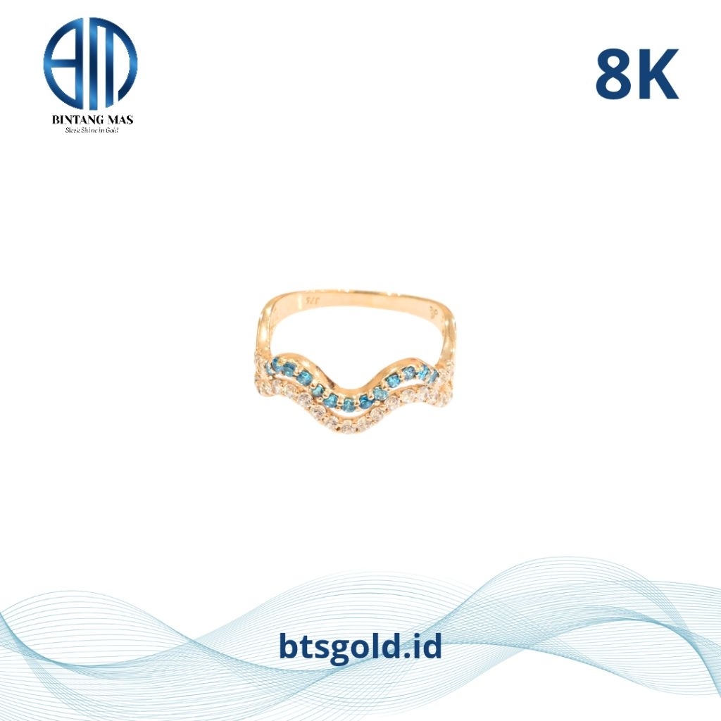 Cincin Gelombang 2 Layer Permata Biru Putih Listring Emas Asli