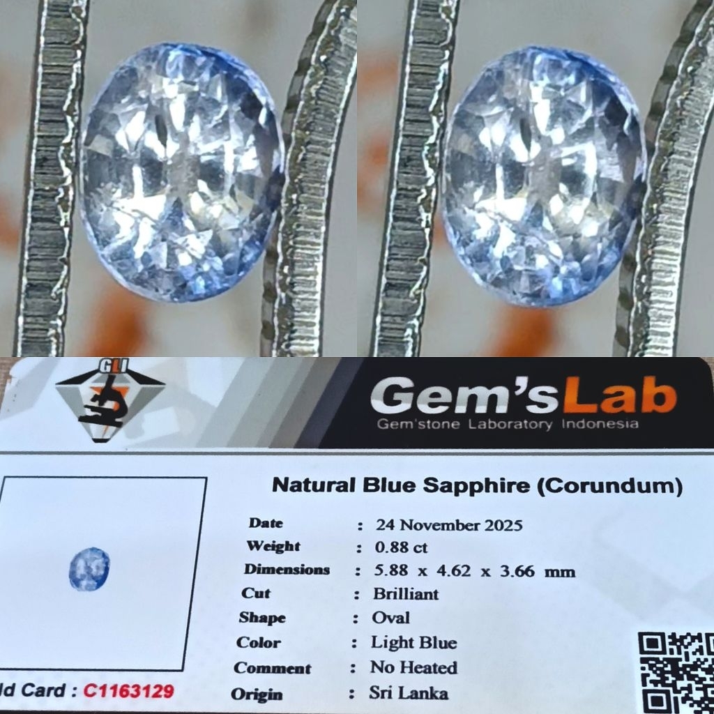 natural blue sapphire ( corundum ) light blue Srilanka memo GLI