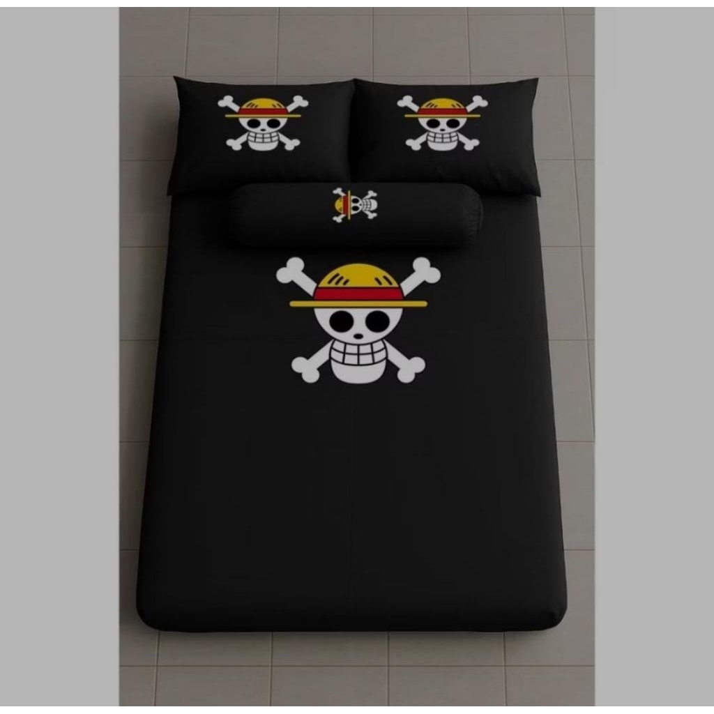 SPREI KARET KATUN PREMIUM 90/100/120/140/160/180/200 motif one piece hitam putih topi black white sk