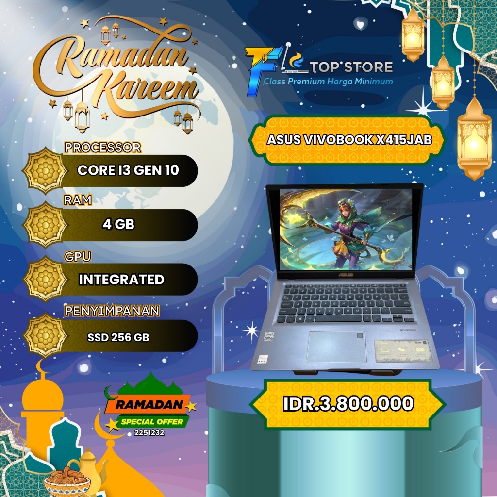 LAPTOP ASUS VIVOBOOK X415JAB CORE I3 GEN 10 SSD 256/4GB