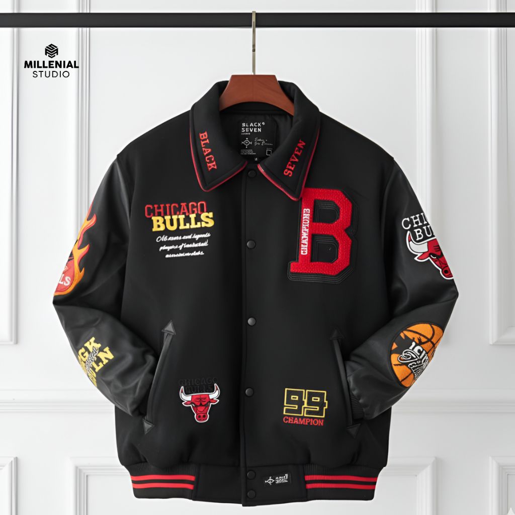 Varsity Jacket Basket REDBULLS Hitam | Jaket CHICAGO Ori Blackseven | Varsity Leather Pria Wanita