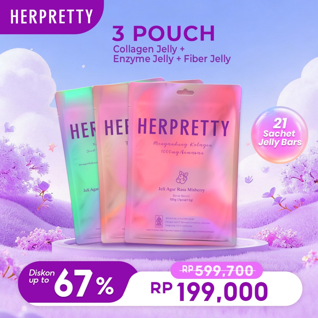 3 Pouch HerPretty Bundle - Collagen Pink White Jelly Mixberry + Enzyme Detox Purify Jelly Matcha + F