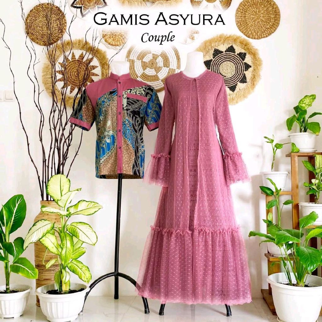 baju lebaran Asyura couple family set keluarga gamis brukat outer tille Hem batik pria kemeja polos 