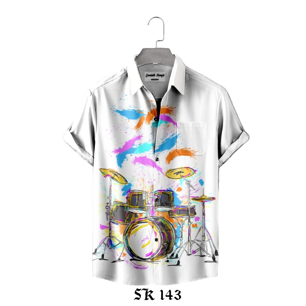 Kemeja Casual Santai Pria Wanita Motif Drum Set Motif Artistik Tangan Panjang Pendek A-143