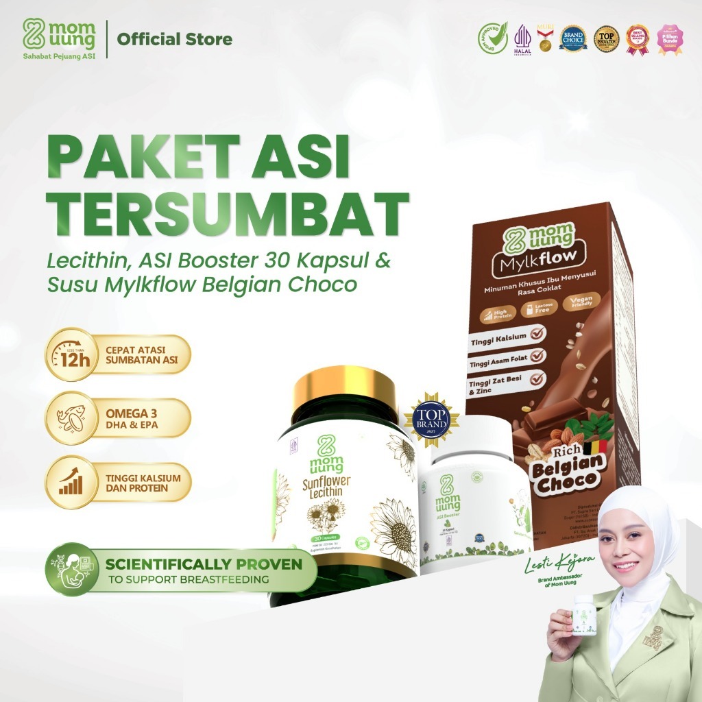 Mom Uung Paket ASI Tersumbat - ASI Booster 30 Kapsul + Sunflower Lecithin + Susu Mylkflow 5 Sachet -