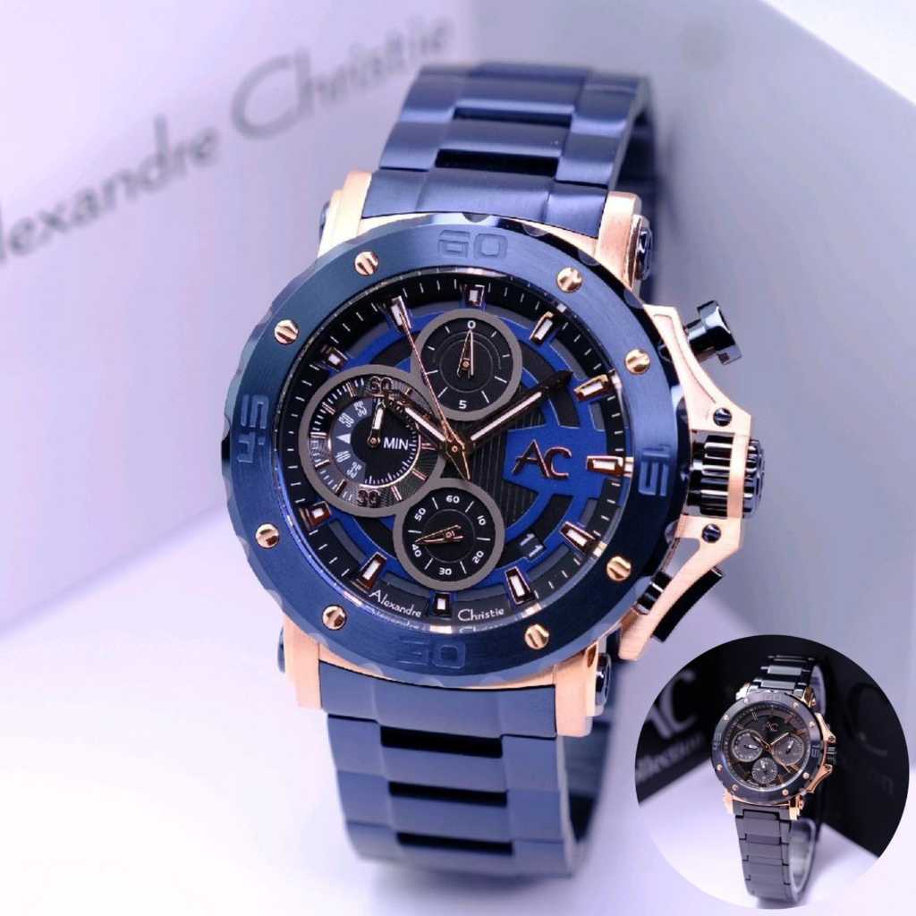 Jam tangan pria wanita alexandre christie ac 9205 analog chronograph stainless steel rubber & leathe