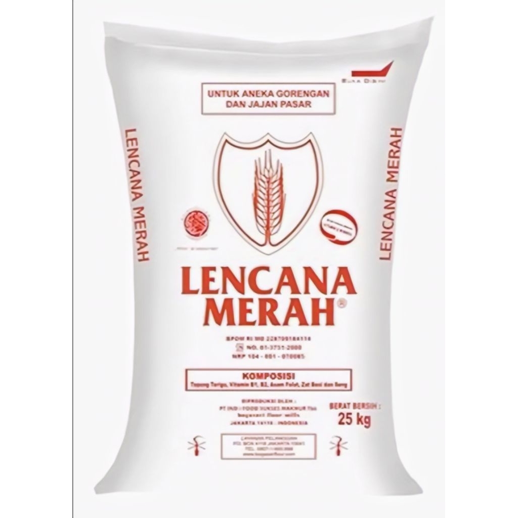 Tepung terigu lencana merah bogasari, curah, kemasan 500 gram, protein rendah
