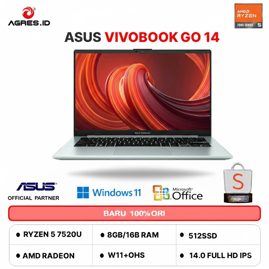 ASUS VIVOBOOK GO 14 E1404FA RYZEN 5 7520U - RAM 16GB 512GB W11+OHS+M365B 14.0FHD VIPS -VIPS5152M