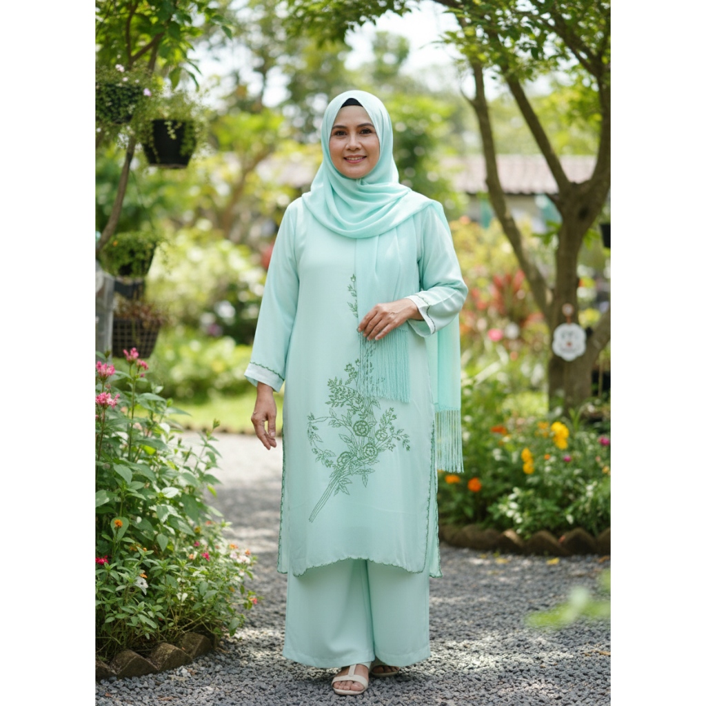 Setelan Sifon + Hijab Tosca Motif Bordir