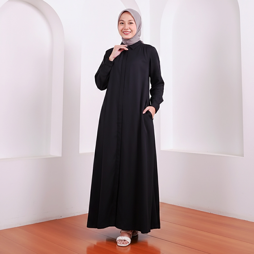 Novel Mice | Gamis Wanita Rayon Polos Hitam | Dress Wanita Lengan Panjang Motif Polos
