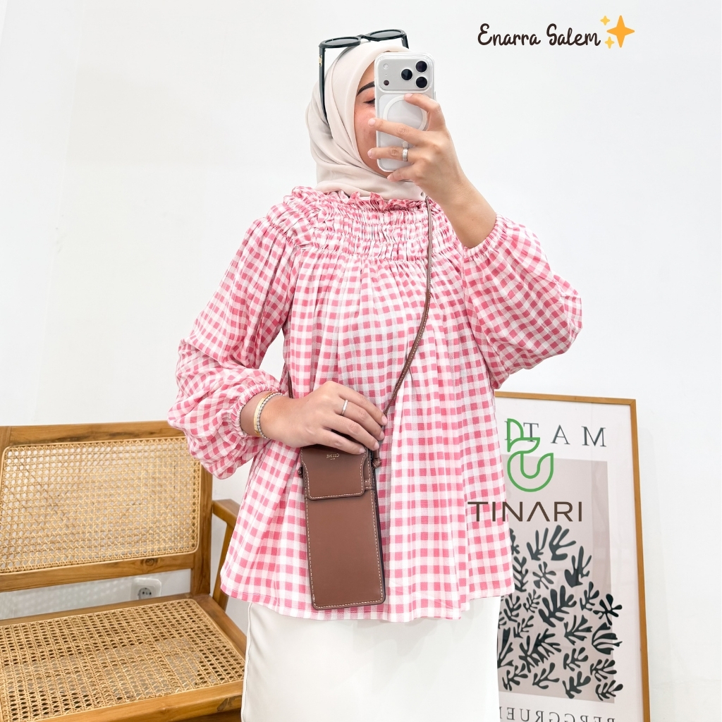 Ennara Blouse Wanita Kekinian Motif Kotak Lengan Balon