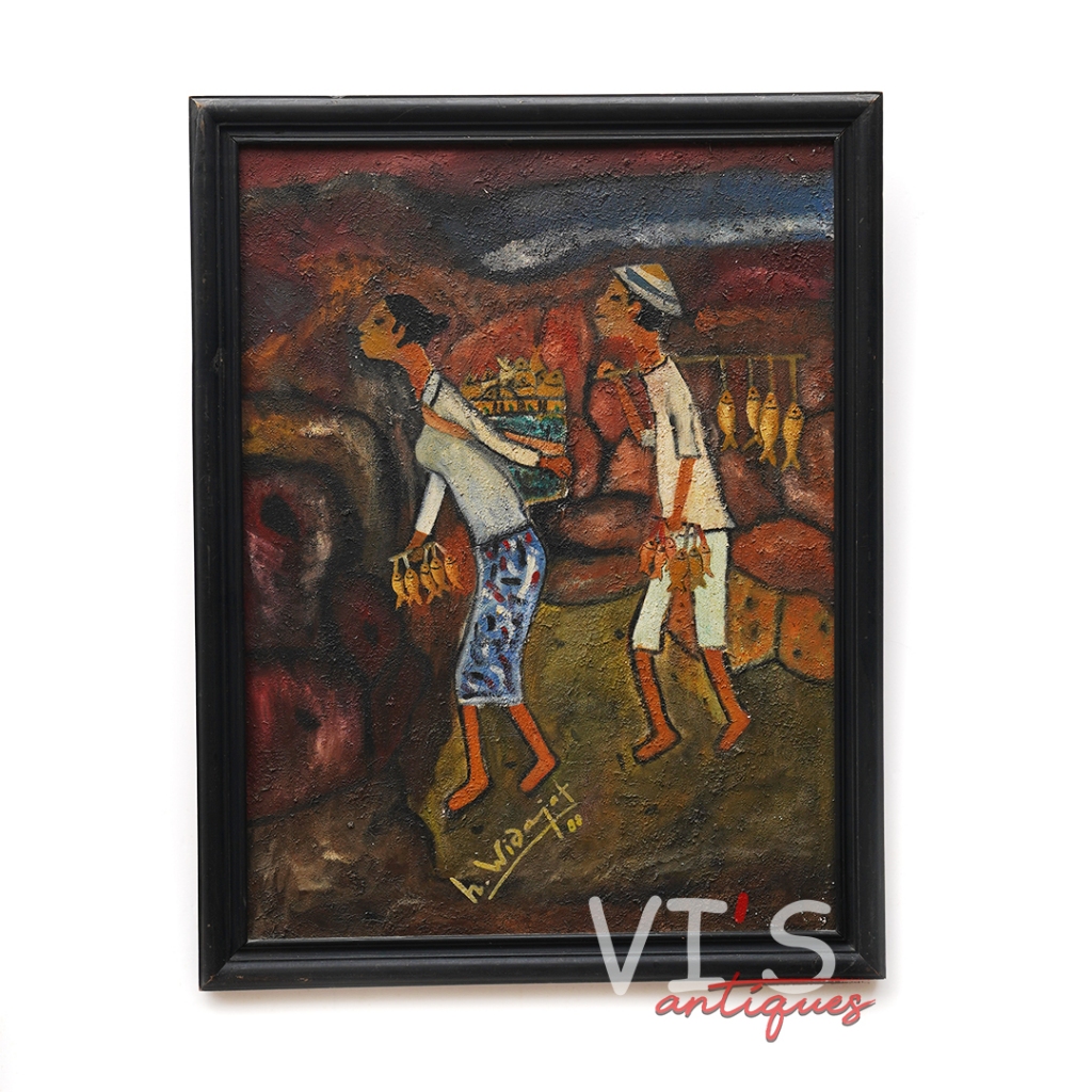 Lukisan H. Widayat Jamu Gendong Oil On Canvas Antik Kuno