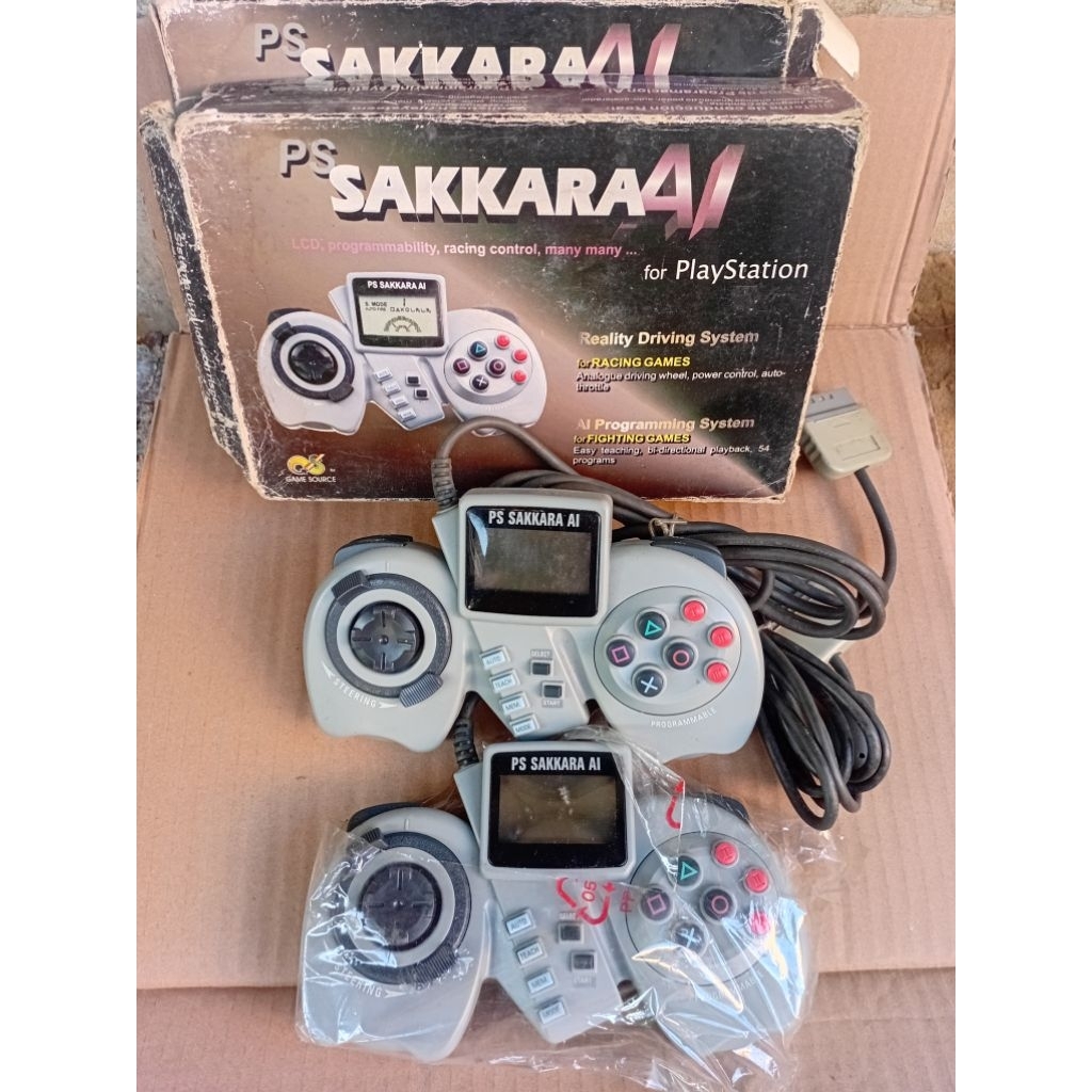 Paket 2 Unit PS Sakkara AI Controller Steering Wheel PS1 PSX – 1 Normal 1 Rusak/Part – Rare Retro Ga