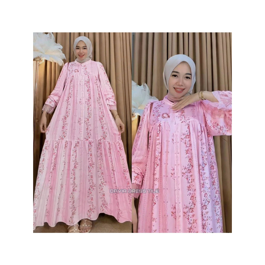 Gamis Davia Motif Floral Pink | Dress Muslimah Longgar Elegan Busui Friendly modern