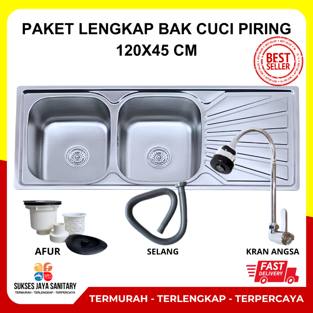 Bak Cuci Piring / Wastafel Dapur 2 Lubang Sayap Stainless 120x45 Cm Free Selang + Afur + Kran Angsa