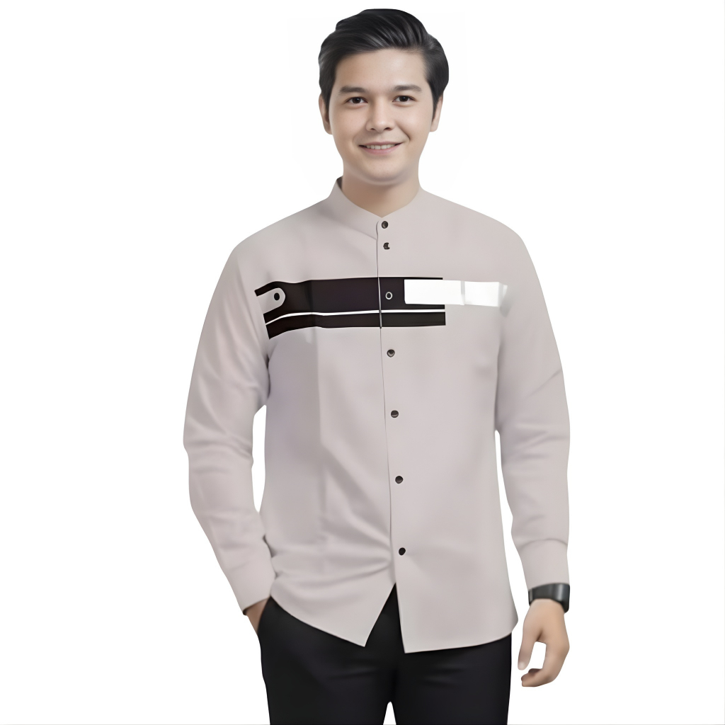 Baju Koko Pria Lengan Panjang | Katun Motif Jordan Kombinasi Formal | Putih Coksu Navy Abu Muda