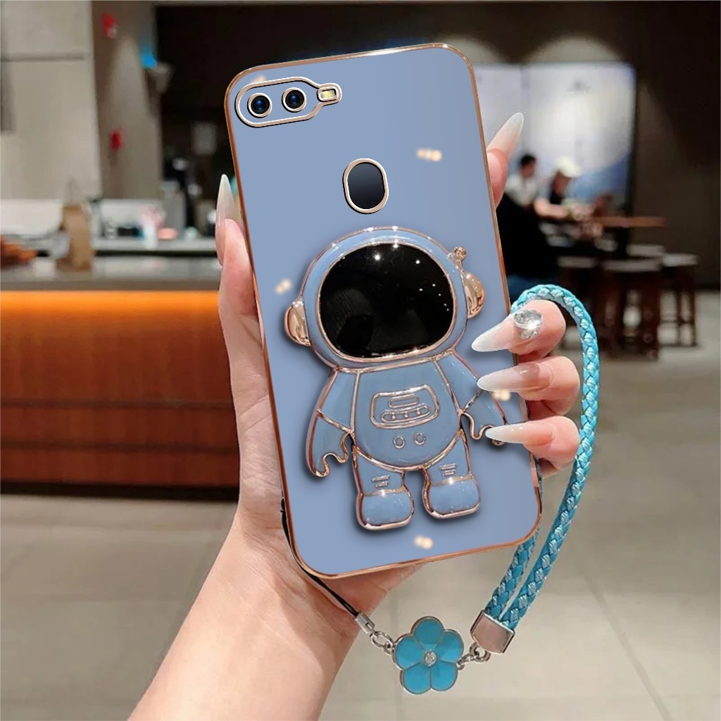 Soft Case Oppo A5s A7 F9 A12 Luxury Plating Astronot Holder Free Tali Bunga Lanyard Premium