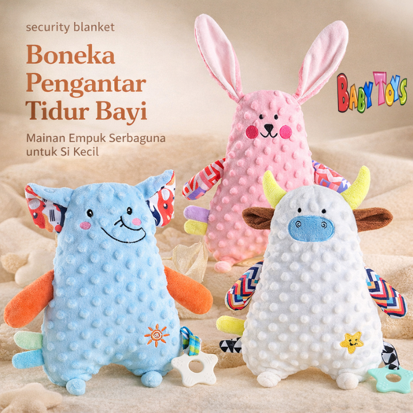 Boneka Bayi Plush Lembut dengan Teether Teman Tidur Mainan Edukatif Bayi