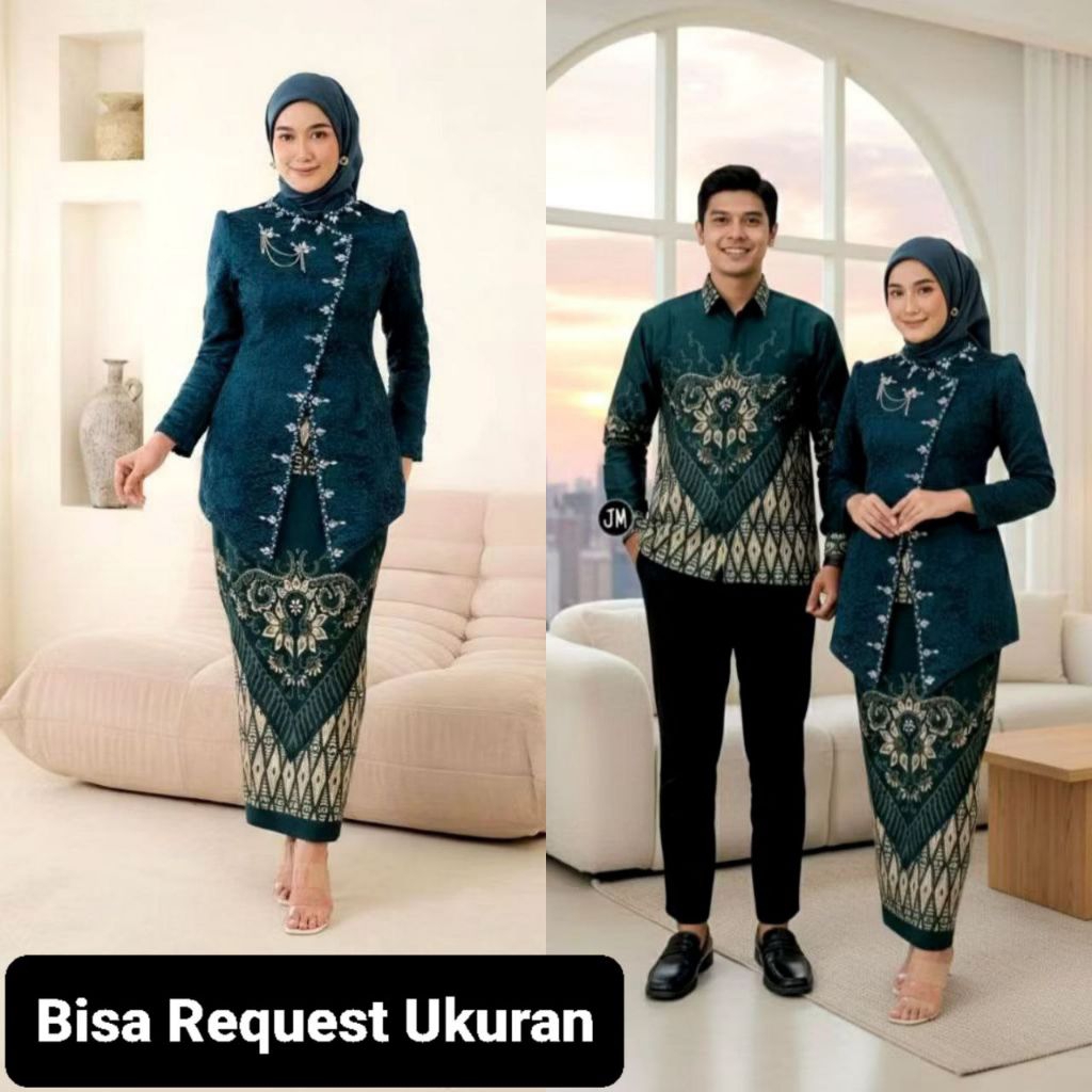 SET KEBAYA JANGGAN EMERALD ORI COUPLE KEMEJA PREMIUM CUSTOM ANAK & JUMBO / BAJU SETELAN SERAGAM BATI