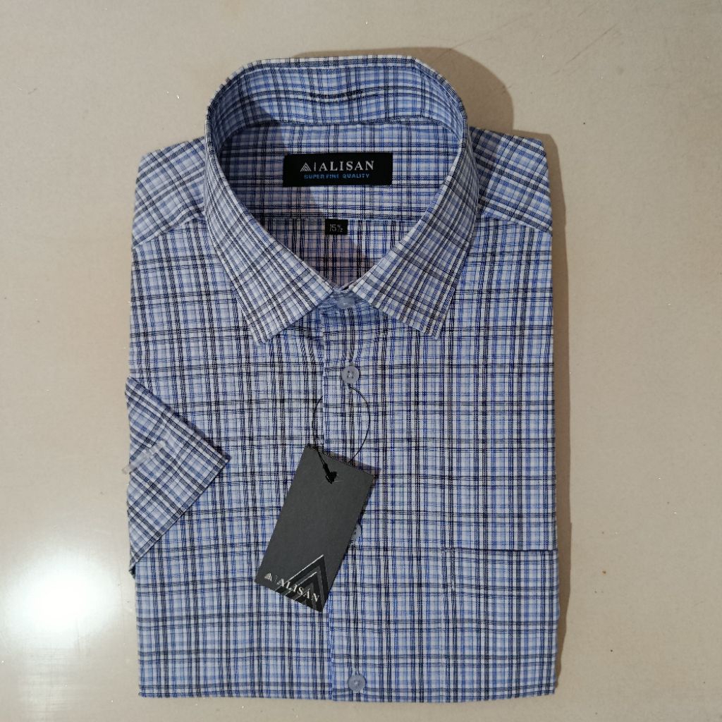 LENGAN PENDEK ALISAN Kemeja Pria Motif Kotak Kotak Biru Reguler