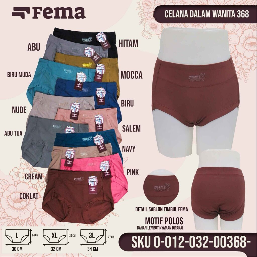 (12 Pcs) Celana Dalam Wanita Fema CD Katun Perempuan Super Soft Fema 368