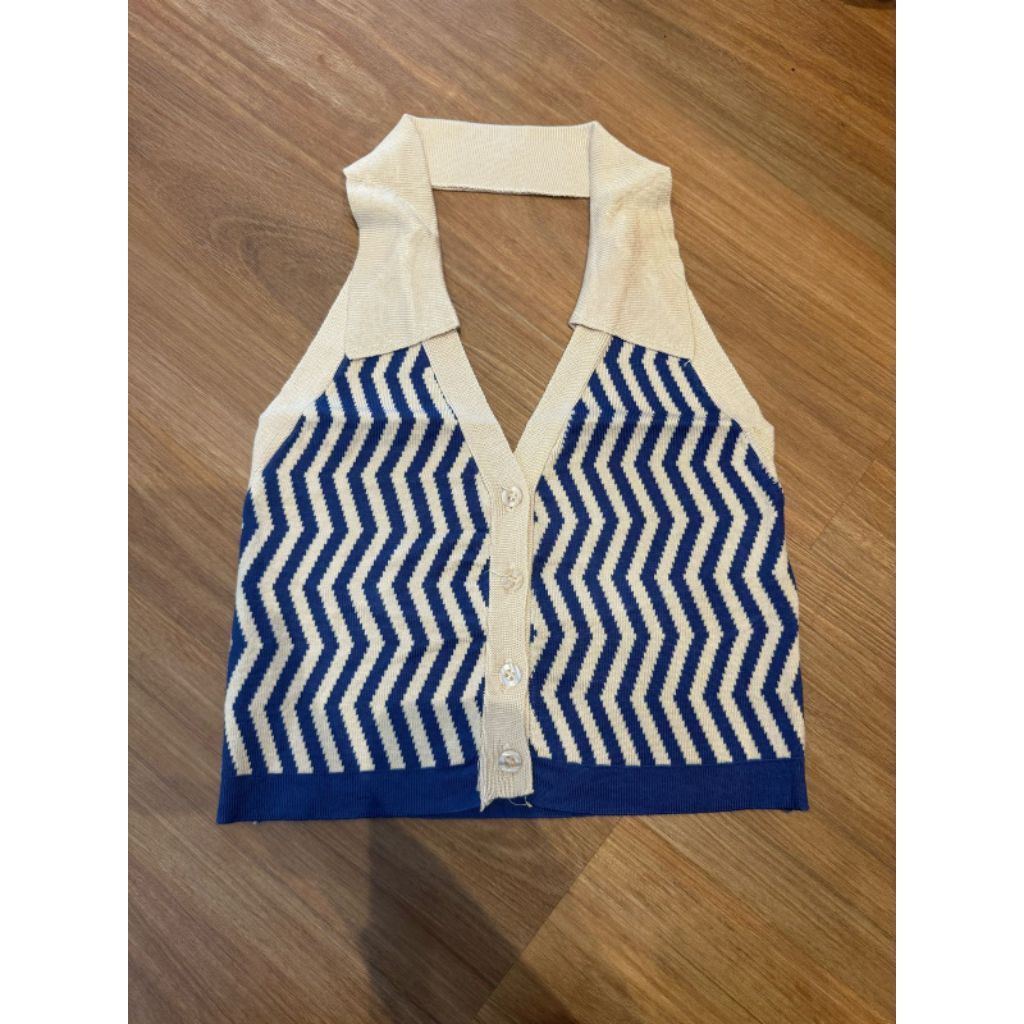 V halter neck button down knit crop top