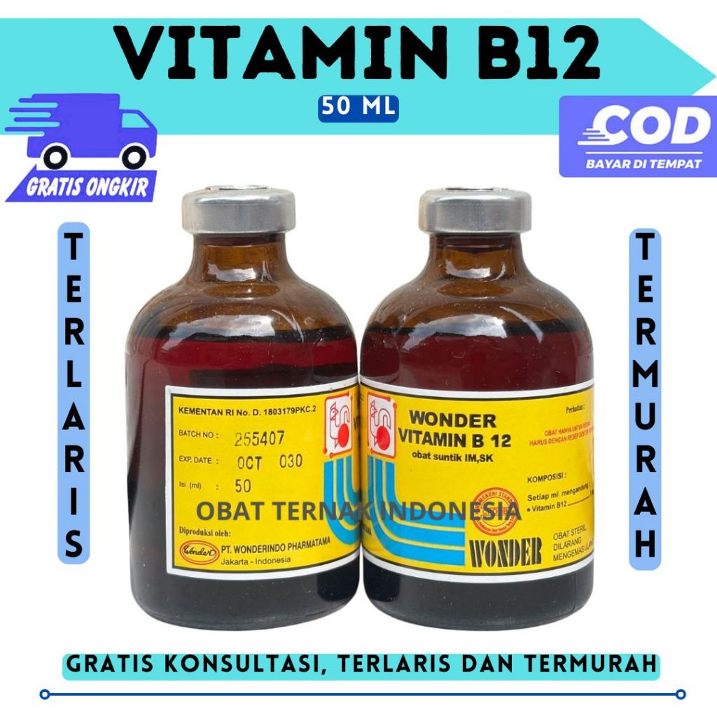 Wonder Vitamin B12 50 ML - Vitamin B12 Anemia & Gangguan Pertumbuhan Hewan Ternak