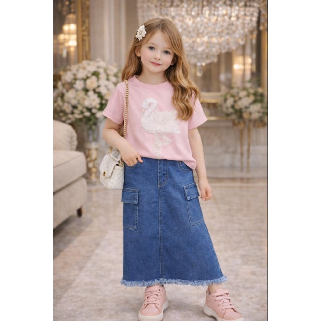 set rok jeans atasan kaos pink 160 ld 45 pr 79 dan hitam 150 ld 43 pr 72