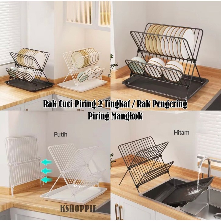 Rak Piring 2 Tingkat Bahan Besi Bisa dilipat / Rak Pengering Piring Mangkuk Rak Cuci Piring Wastafel