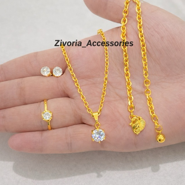 Set Titanium Rantai Medan Warna Emas24K Anting Tusuk Tidak Luntur