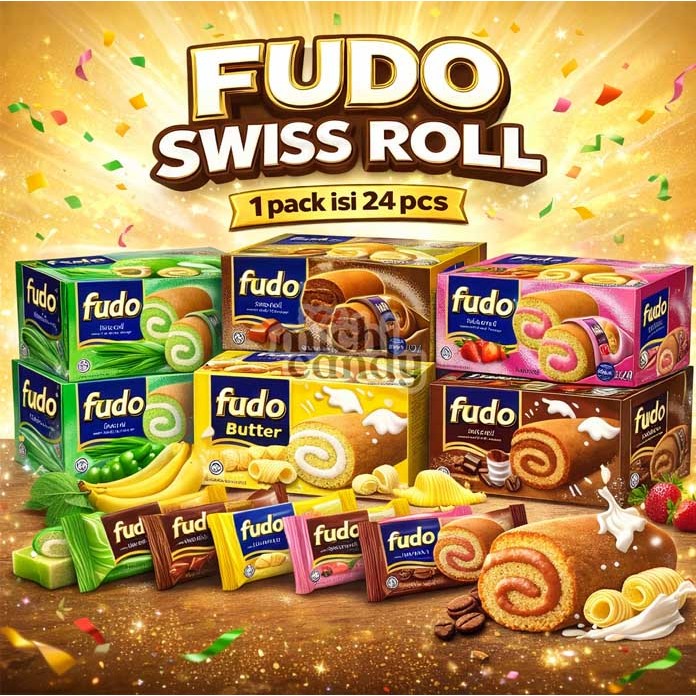 FUDO SWISS ROLL 1 box (24 pcs @18gr) Varian Pandan Coklat Strawberry Butter Tiramisu Makanan Ringan 