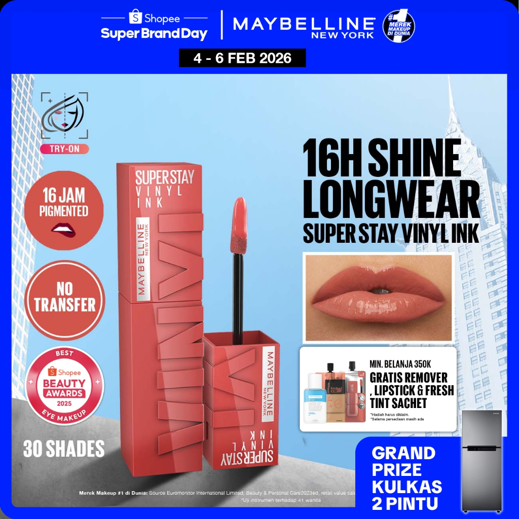 MAYBELLINE OFFICIAL Superstay Vinyl Ink 4.2 ml - Shiny Pigmented Liquid Lipstik Lipstick Make Up Lip