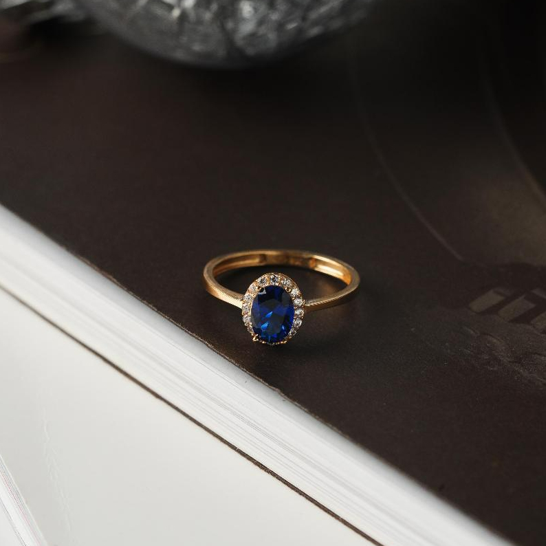 KS Cincin Emas 8K Mata Biru Oval Love Yellow White Gold