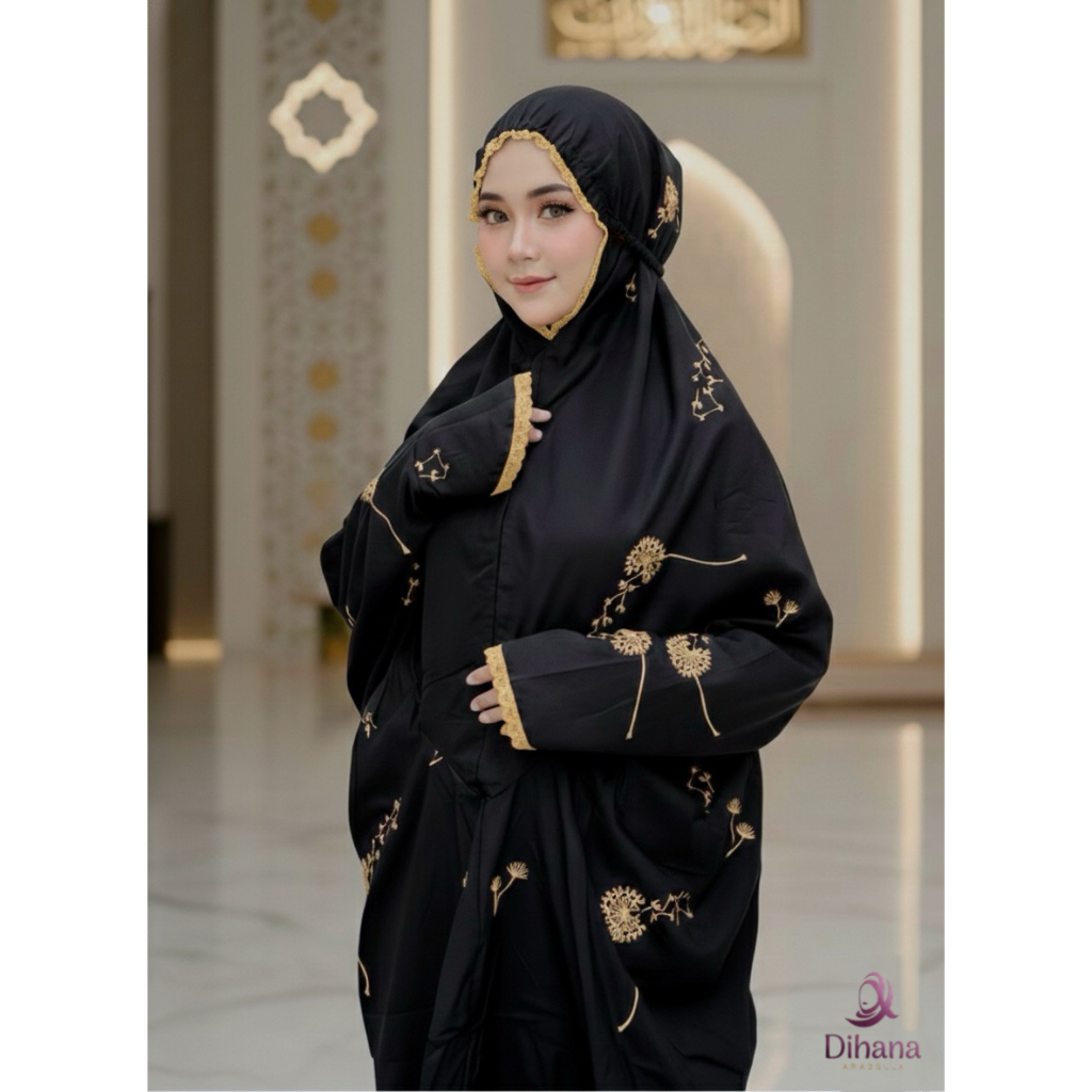 MUKENA TERUSAN PANJANG HITAM DANDELION MODEL DAHI KERUT DG BORDIR MOTIF SERIBU BUNGA KUNCUP KAIN KAT