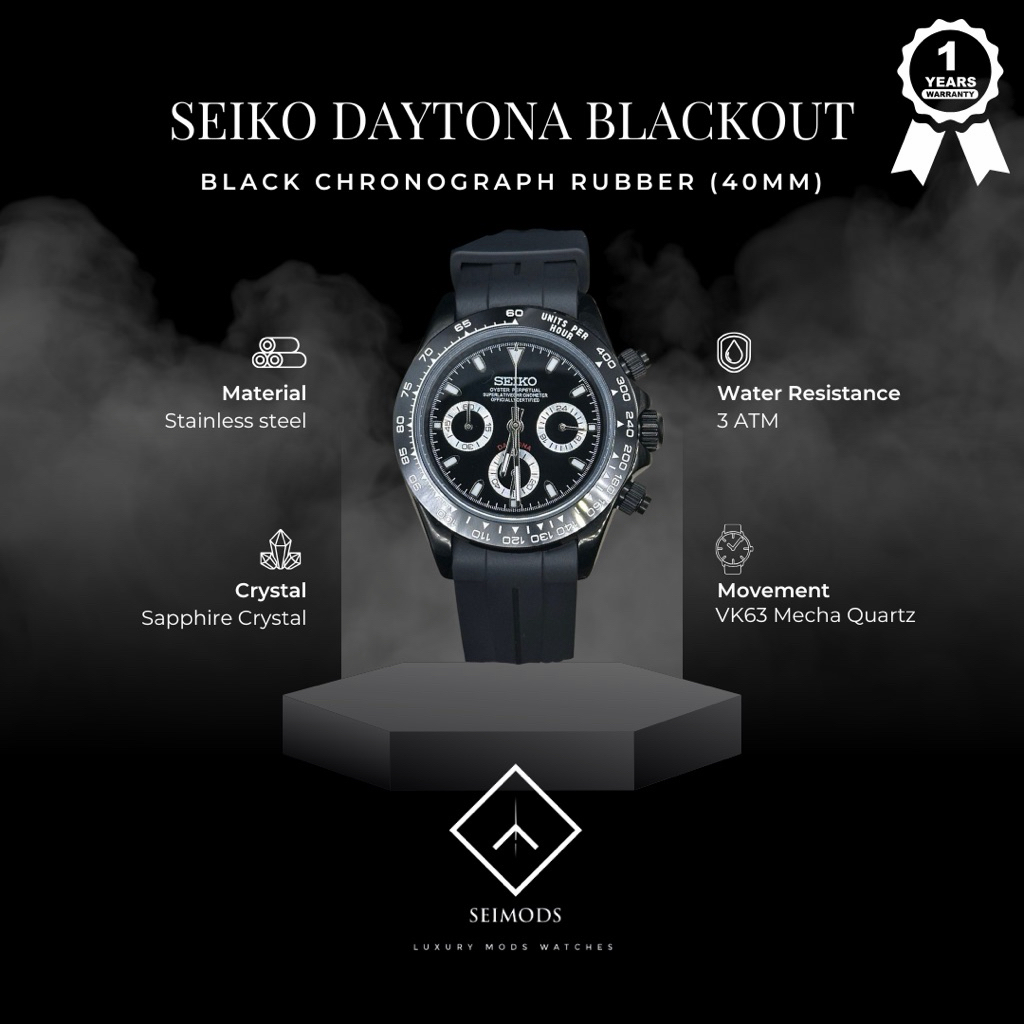 Jam Tangan Seiko Mod Daytona Black Edition Chronograph VK63 Watch Pria Quartz