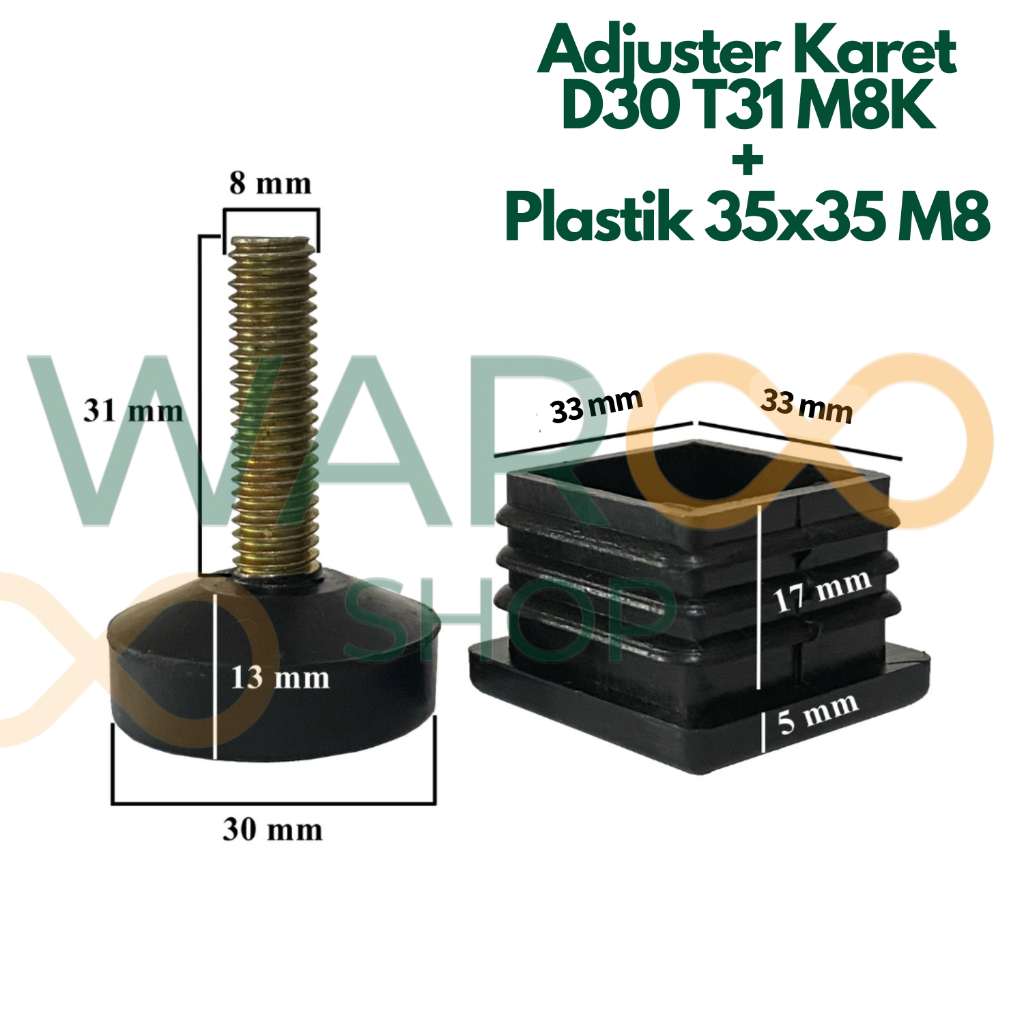 Adjuster Karet Alas Kaki Stabil Meja Kursi Sofa Besi Baut M8 D30 T31 + Plastik Besi Hollow 35x35 M8 