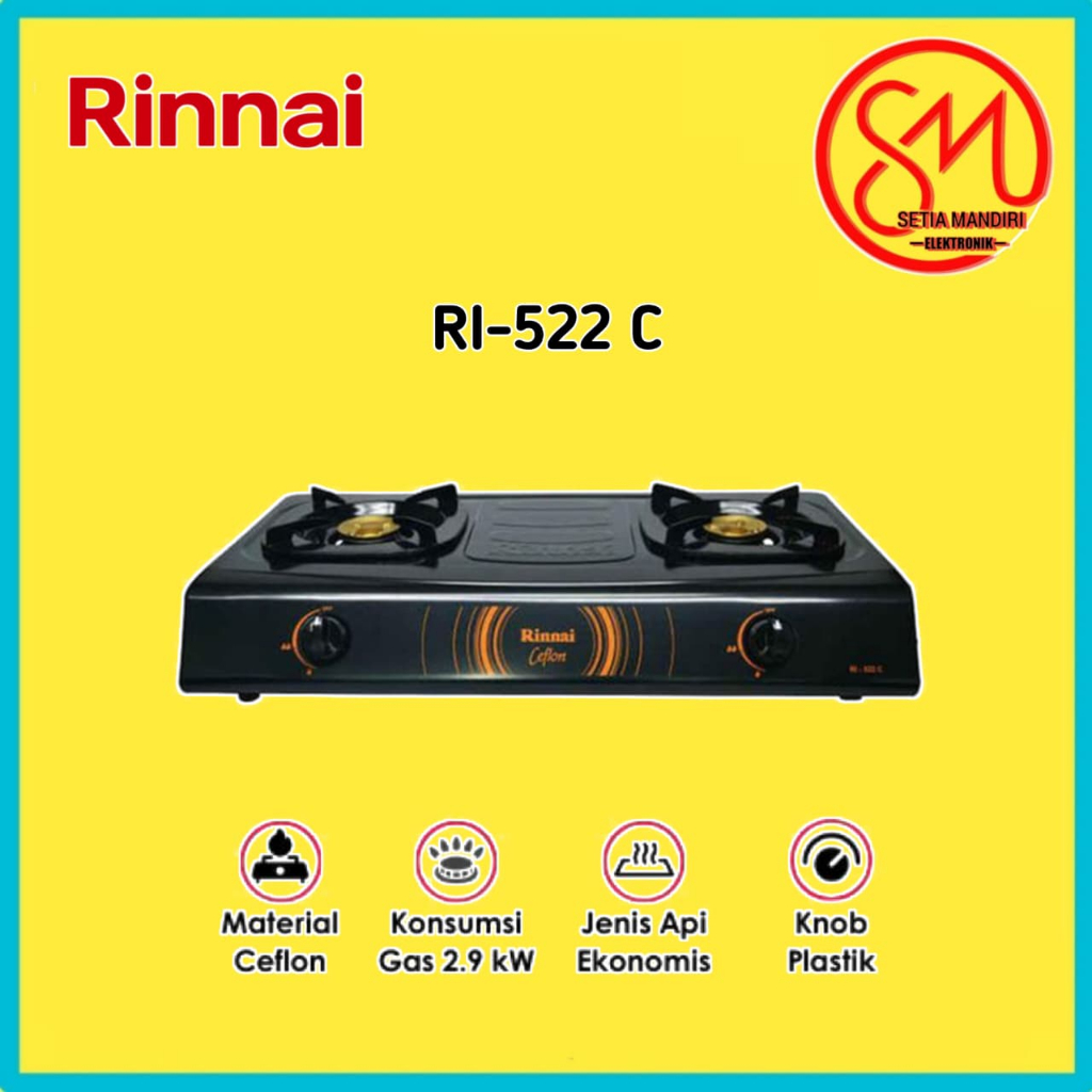 RINNAI RI 522C Kompor Gas 2 Tungku Teflon Stainless RI 522 C RI522C